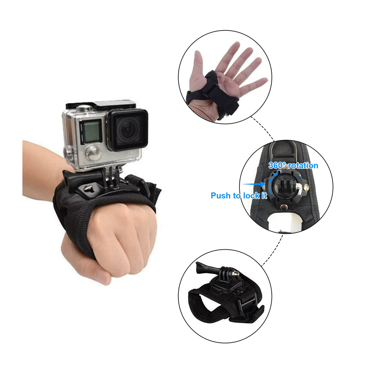 HONGDAK Handschlaufe Halterung mit 360 Grad Rotation für GoPro Hero 12 11 10 9 8 7 6 5, SJCAM, Insta360 X2 X3 und DJI Osmo, Schwarz - Bild 4