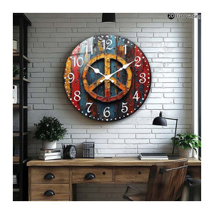 HONGXIHONG Stille Wanduhr aus Holz mit abstraktem Friedenssymbol, mehrfarbig, runde Quarz-Analoguhr im Landhausstil