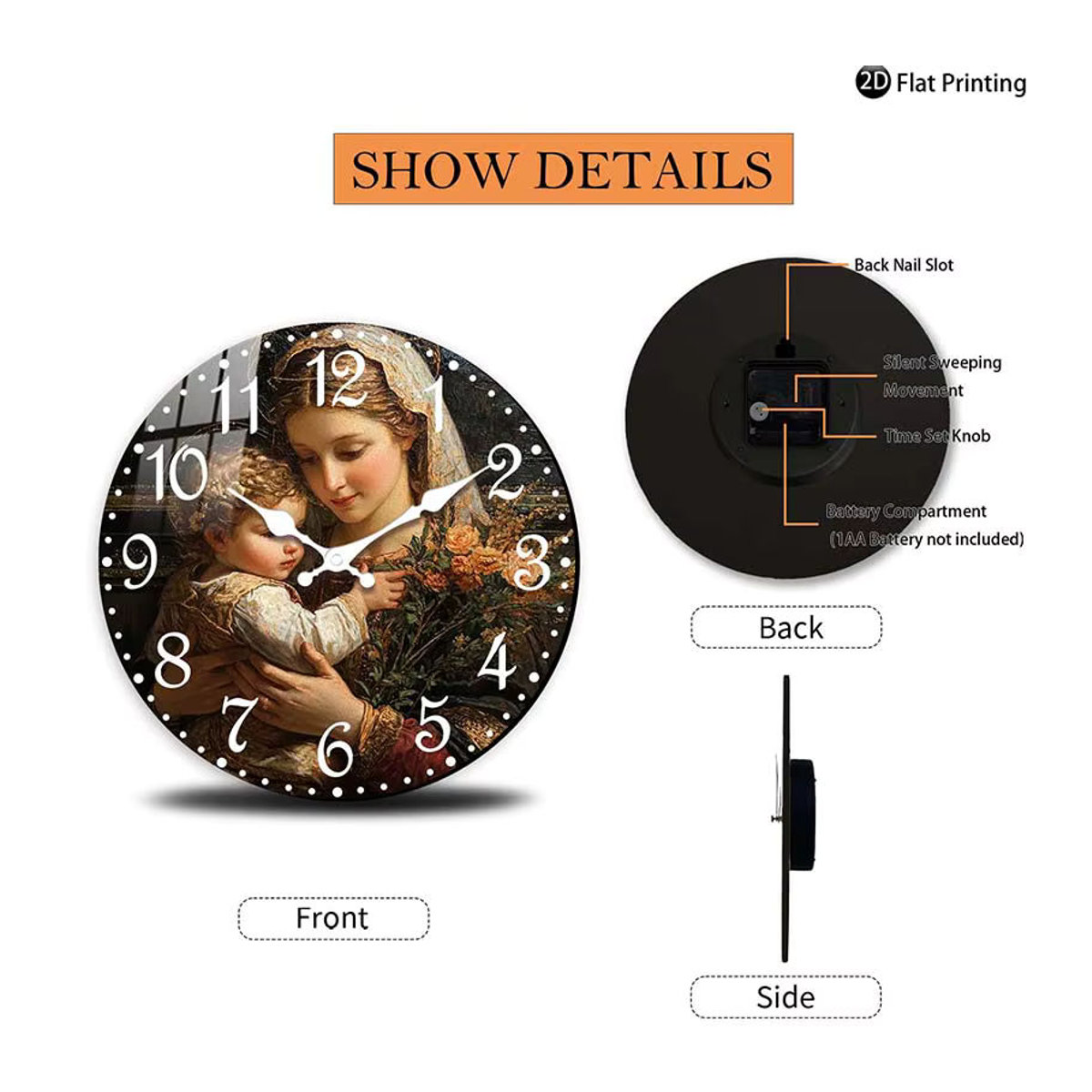 HONGXIHONG Wanduhr aus Holz mit floralem Design, geräuschlose analoge Quarz-Wanduhr in Mehrfarbig, rund und wandmontiert - Bild 2