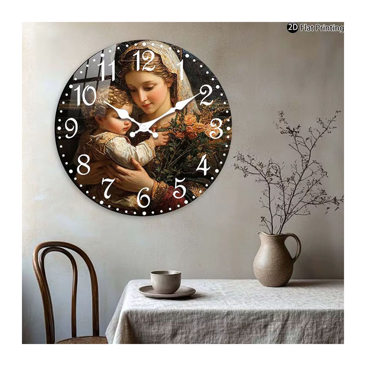 HONGXIHONG Wanduhr aus Holz mit floralem Design, geräuschlose analoge Quarz-Wanduhr in Mehrfarbig, rund und wandmontiert - Bild 4