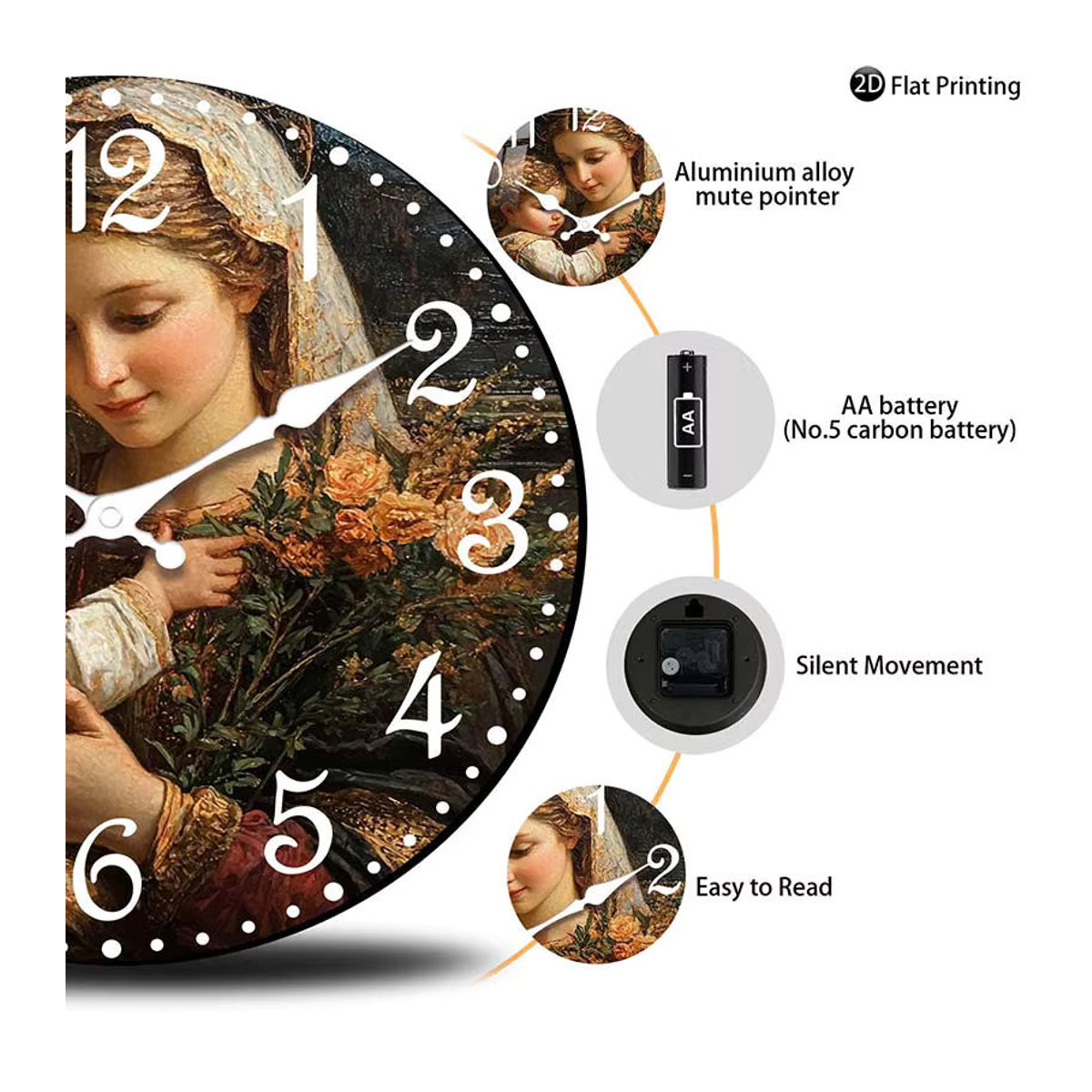 HONGXIHONG Wanduhr aus Holz mit floralem Design, geräuschlose analoge Quarz-Wanduhr in Mehrfarbig, rund und wandmontiert - Bild 6