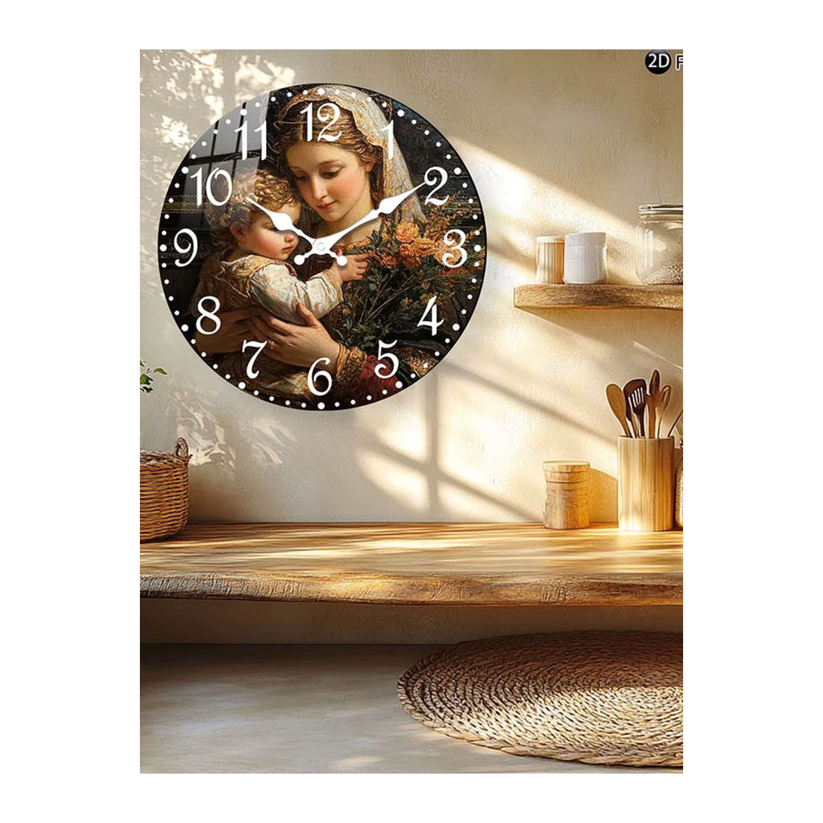HONGXIHONG Wanduhr aus Holz mit floralem Design, geräuschlose analoge Quarz-Wanduhr in Mehrfarbig, rund und wandmontiert - Bild 7