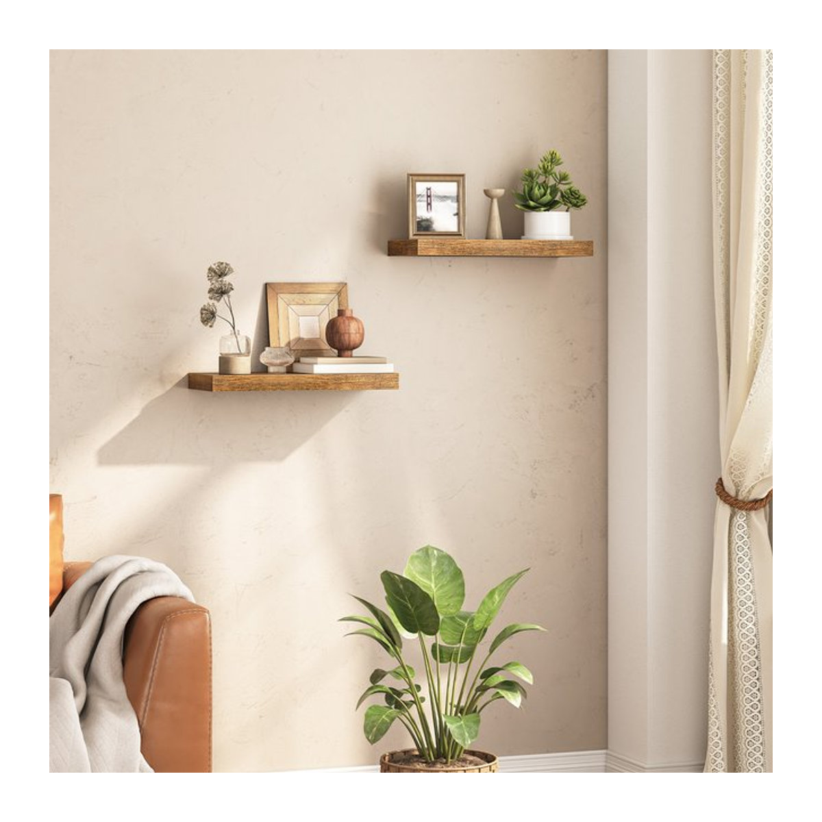HOOBRO 2er-Set Wandregale aus Holz in Vintage-Braun mit unsichtbaren Halterungen - Bild 1