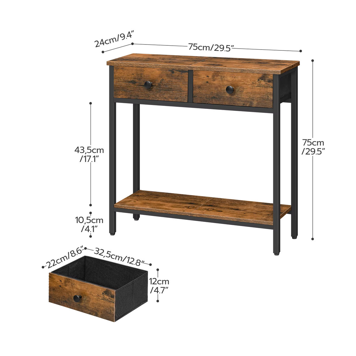 HOOBRO Schmaler Konsolentisch im Industrial Design mit 2 Vliesstoff-Schubladen, Rustikales Braun und Schwarz - Bild 4