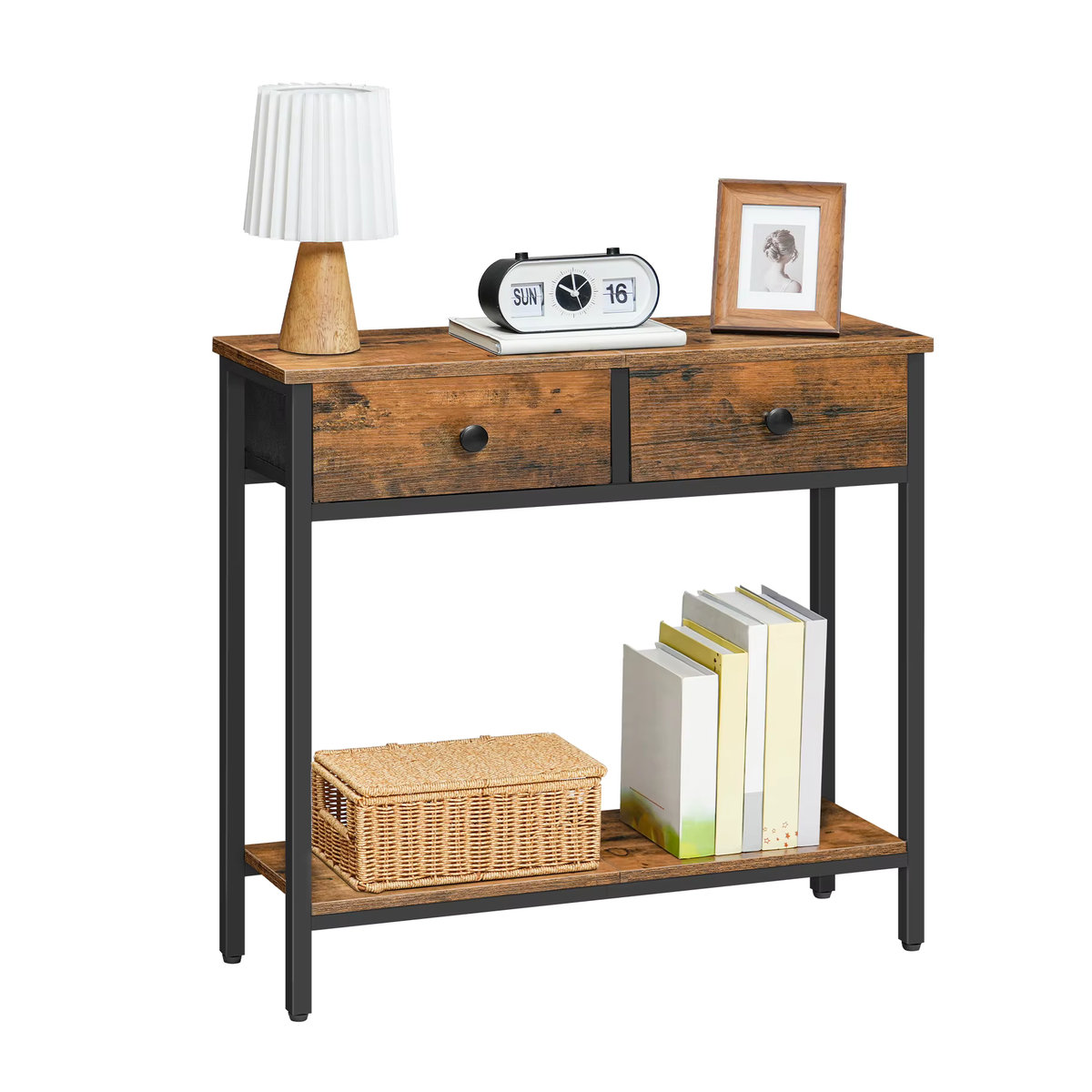 HOOBRO Schmaler Konsolentisch im Industrial Design mit 2 Vliesstoff-Schubladen, Rustikales Braun und Schwarz - Bild 5