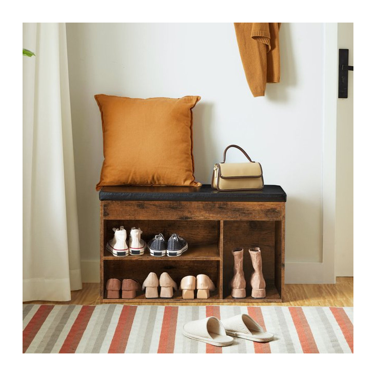 HOOBRO Schuhbank im Industrial Design mit 3 offenen Fächern und gepolsterter Sitzfläche aus Kunstleder, Farbe: Braun/Nussbaum, B/T/H: 82 x 31,5 x 44 cm - Bild 1