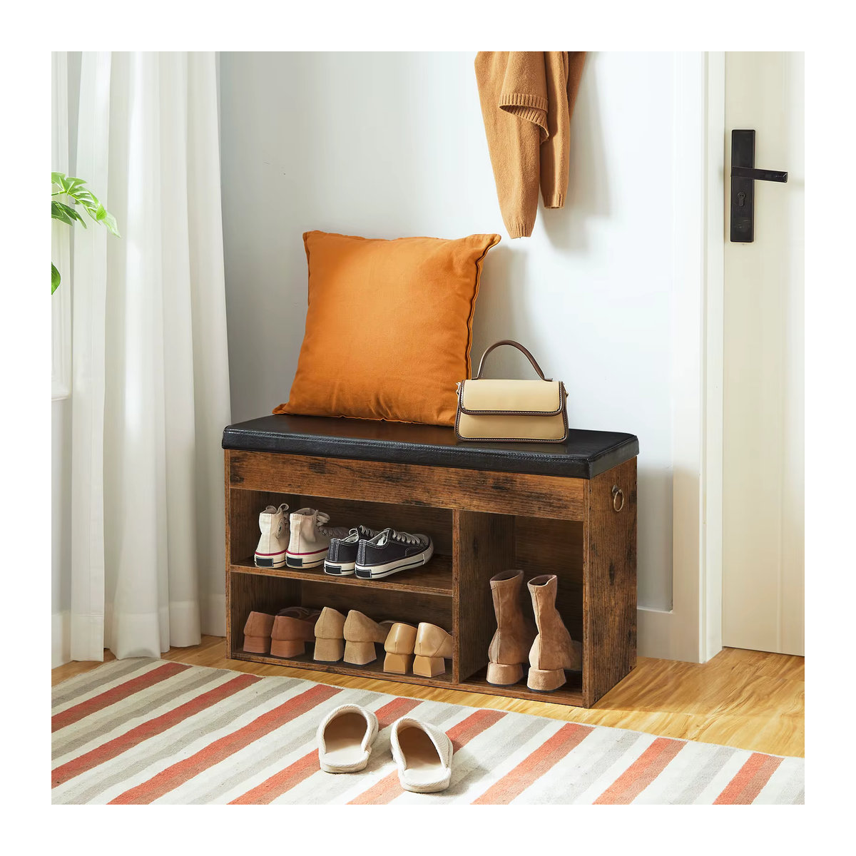HOOBRO Schuhbank im Industrial Design mit 3 offenen Fächern und gepolsterter Sitzfläche aus Kunstleder, Farbe: Braun/Nussbaum, B/T/H: 82 x 31,5 x 44 cm - Bild 2