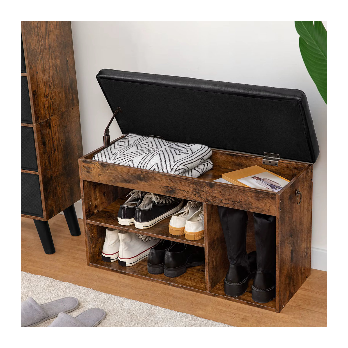 HOOBRO Schuhbank im Industrial Design mit 3 offenen Fächern und gepolsterter Sitzfläche aus Kunstleder, Farbe: Braun/Nussbaum, B/T/H: 82 x 31,5 x 44 cm - Bild 3