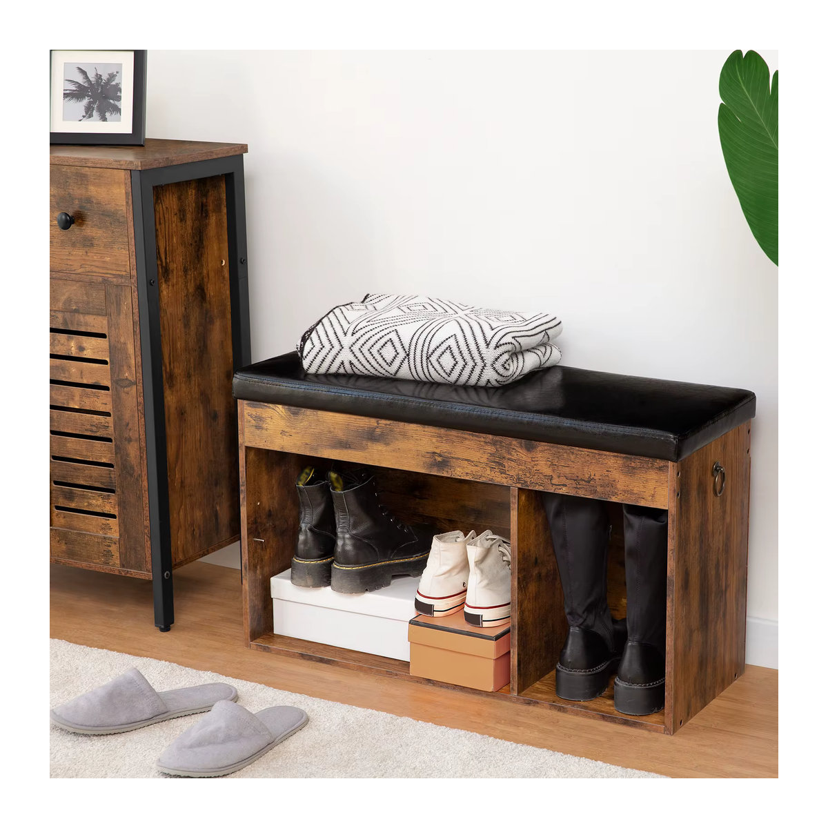 HOOBRO Schuhbank im Industrial Design mit 3 offenen Fächern und gepolsterter Sitzfläche aus Kunstleder, Farbe: Braun/Nussbaum, B/T/H: 82 x 31,5 x 44 cm - Bild 4