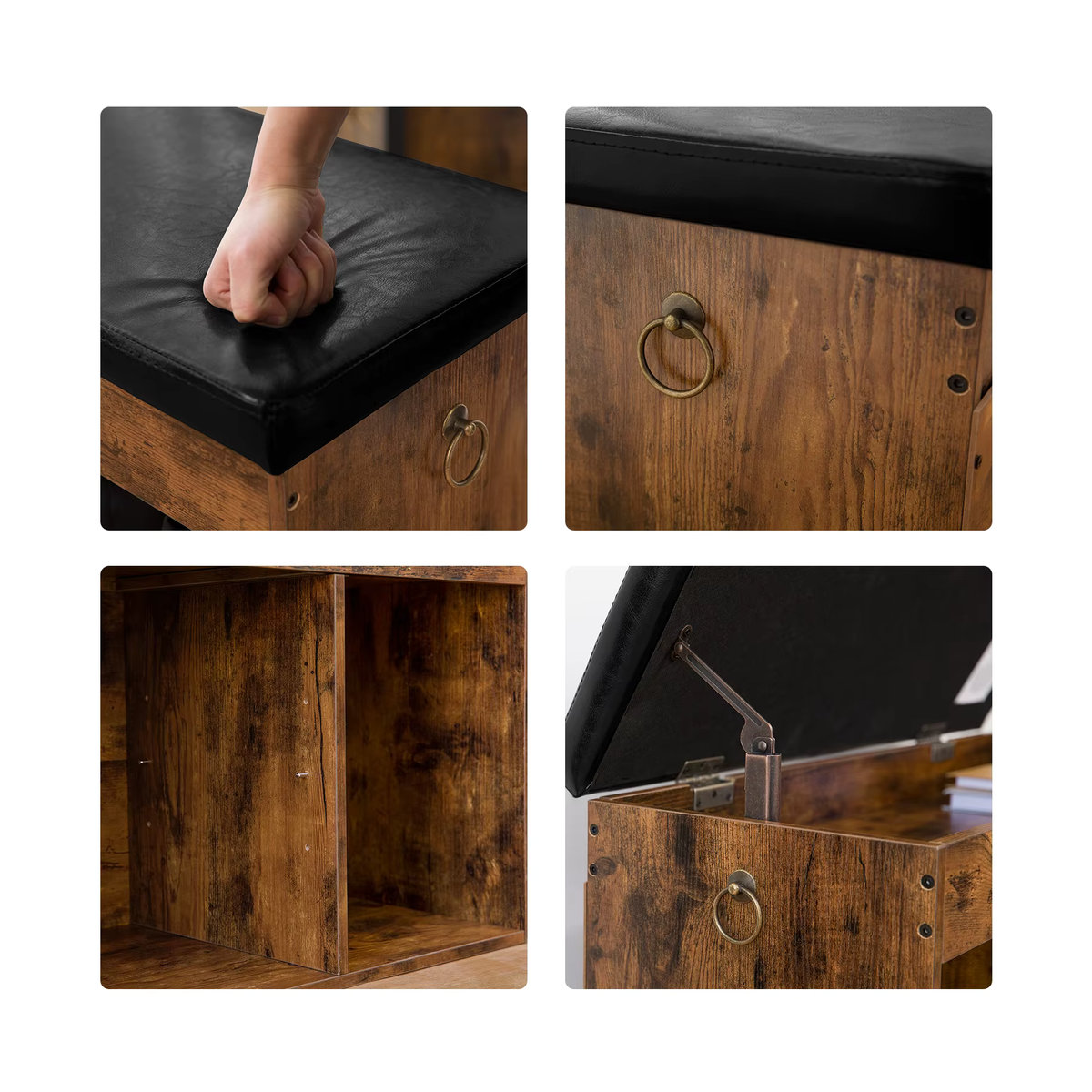 HOOBRO Schuhbank im Industrial Design mit 3 offenen Fächern und gepolsterter Sitzfläche aus Kunstleder, Farbe: Braun/Nussbaum, B/T/H: 82 x 31,5 x 44 cm - Bild 6