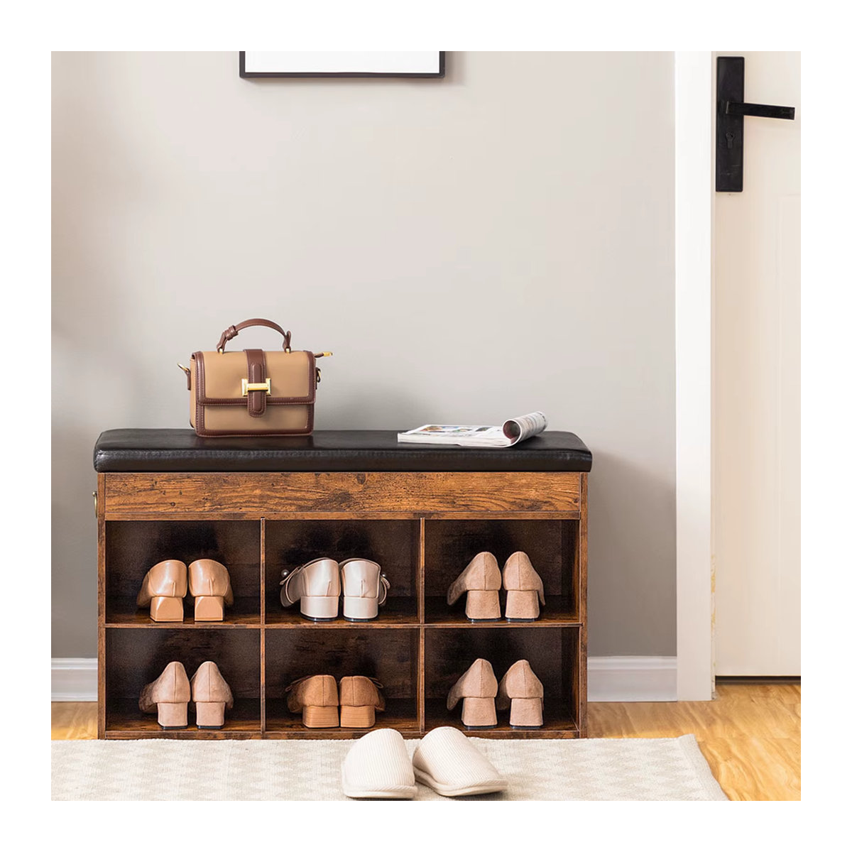 Hoobro Schuhbank mit 6 Fächern und gepolsterter Sitzfläche aus Kunstleder in Braun/Nussbaum im Industrial Design, B/H/T: 80 x 46 x 31 cm - Bild 4