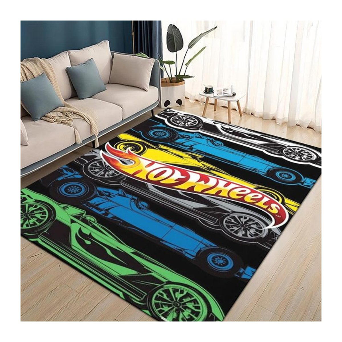 Hot Wheels Kinder Teppich mit Rennauto-Design, rutschfeste Bodenmatte für Wohnzimmer und Schlafzimmer, mehrfarbig, B x T: 100 x 150 cm - Bild 1