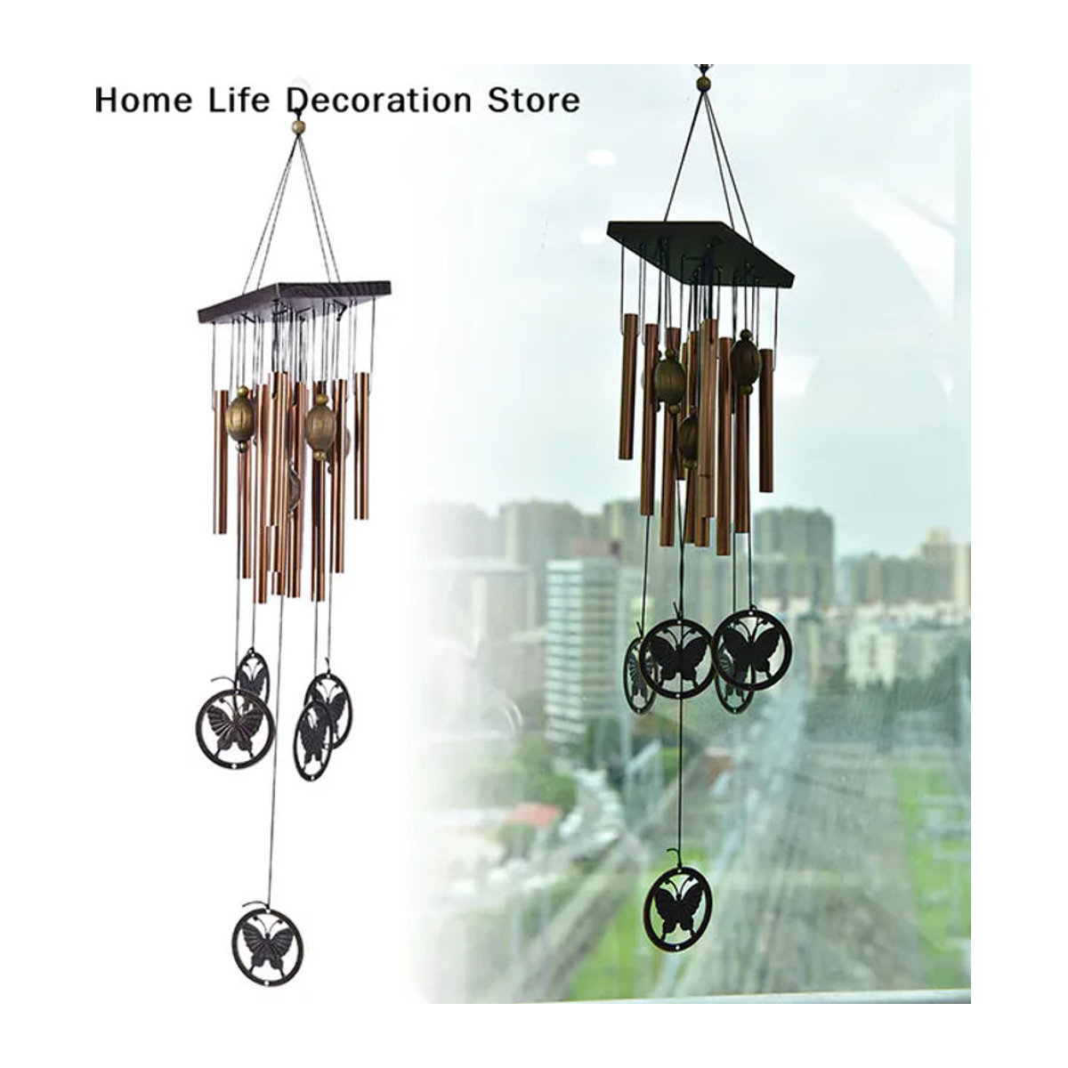 HozoneX Windspiel aus Metall in Kupferbraun mit Schmetterlingen und Röhren im Vintage-Design zur Wanddekoration - Bild 1