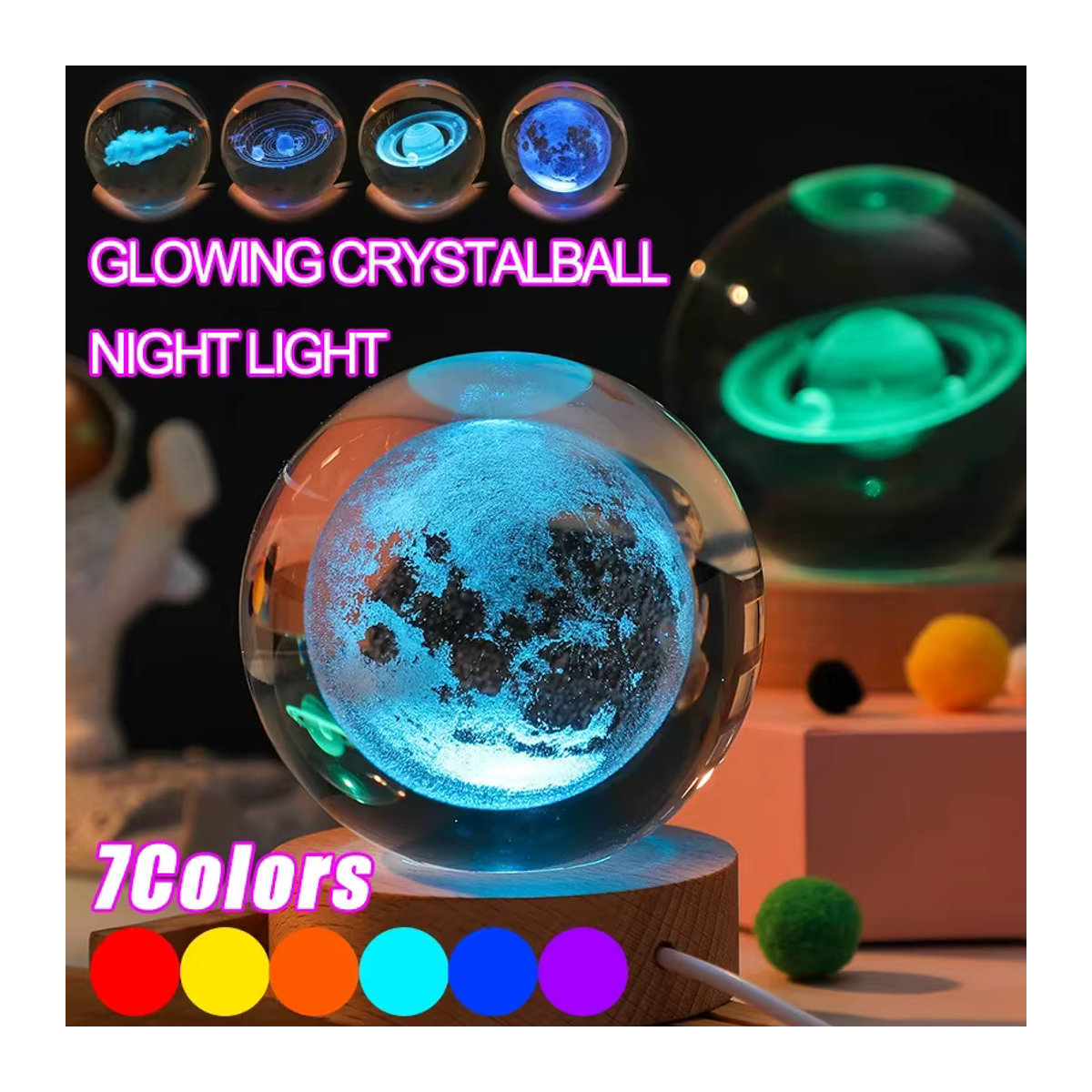 HPH 3D Kristall-Lichtlampe mit RGB Galaxie-Motiv als moderne Nachtbeleuchtung in Bunt - Bild 4