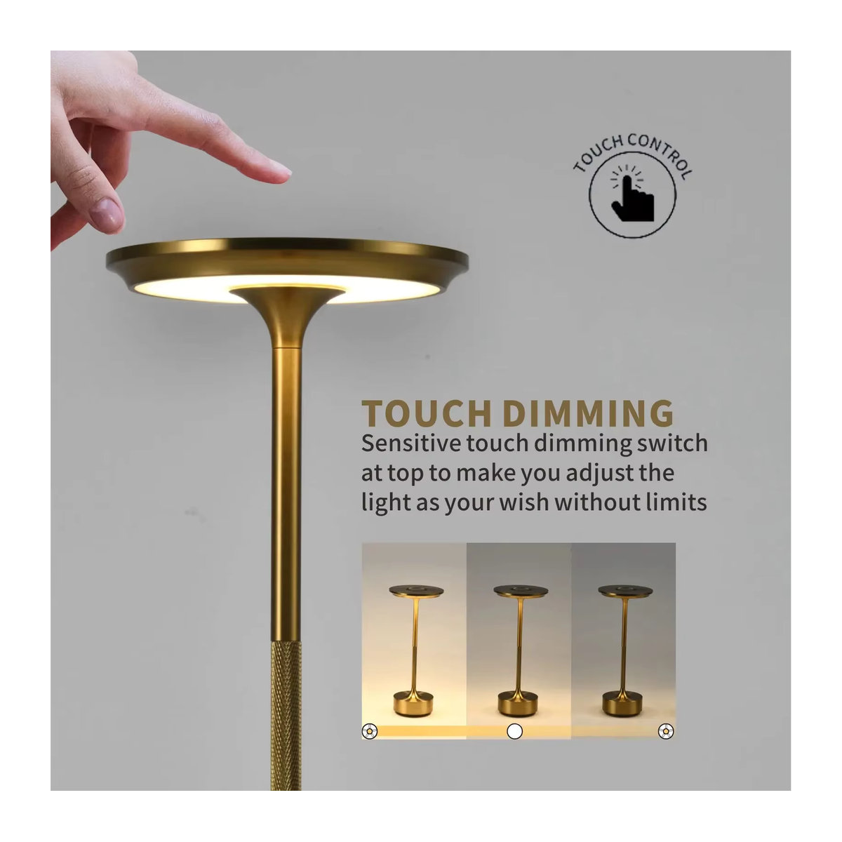 HPH Kabellose Tischlampe in Schwarz aus Metall mit Touch-Funktion und USB-C Aufladung im minimalistischen Design - Bild 3