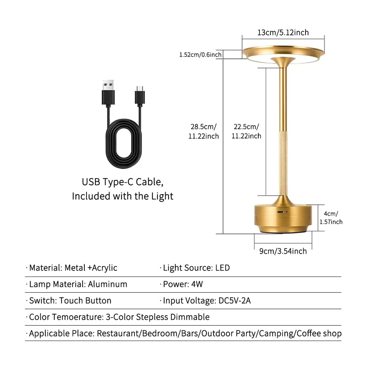 HPH Kabellose Tischlampe in Schwarz aus Metall mit Touch-Funktion und USB-C Aufladung im minimalistischen Design - Bild 6