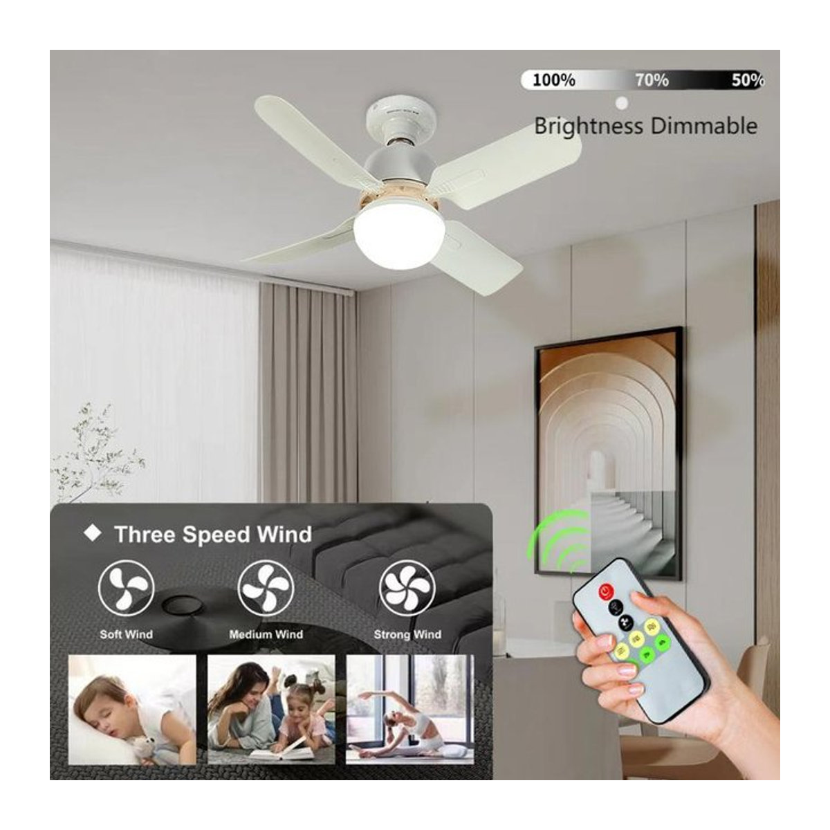 HPH LED-Deckenventilator mit E27-Fassung und Fernbedienung in Weiß, minimalistisches Design für Schlafzimmer und Küche - Bild 1