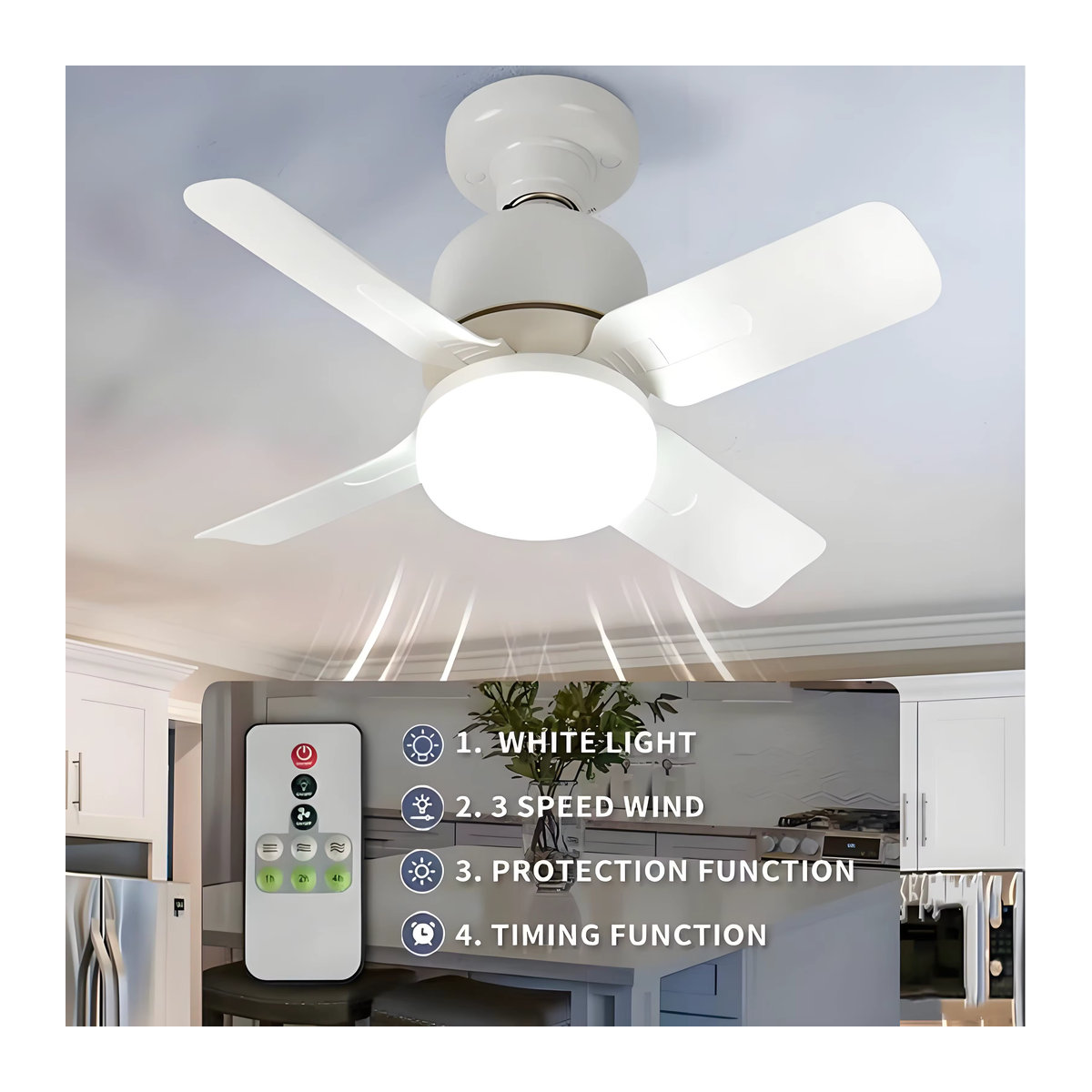 HPH LED-Deckenventilator mit E27-Fassung und Fernbedienung in Weiß, minimalistisches Design für Schlafzimmer und Küche - Bild 2