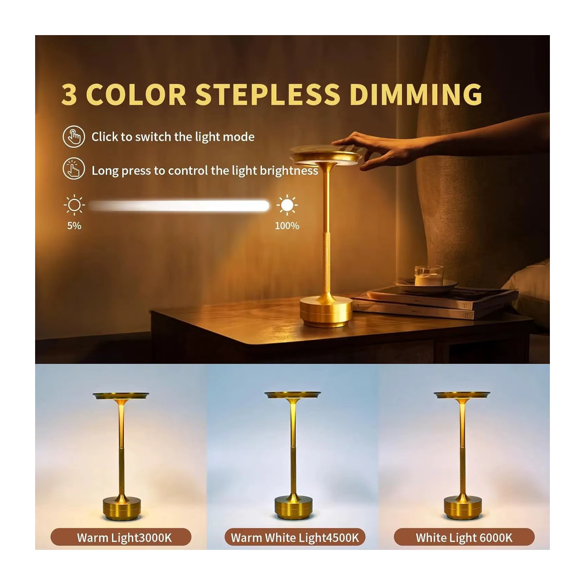 HPH LED Tischlampe aus Metall in Silber mit USB-Touch-Dimmer und Akku für minimalistische Dekoration - Bild 2