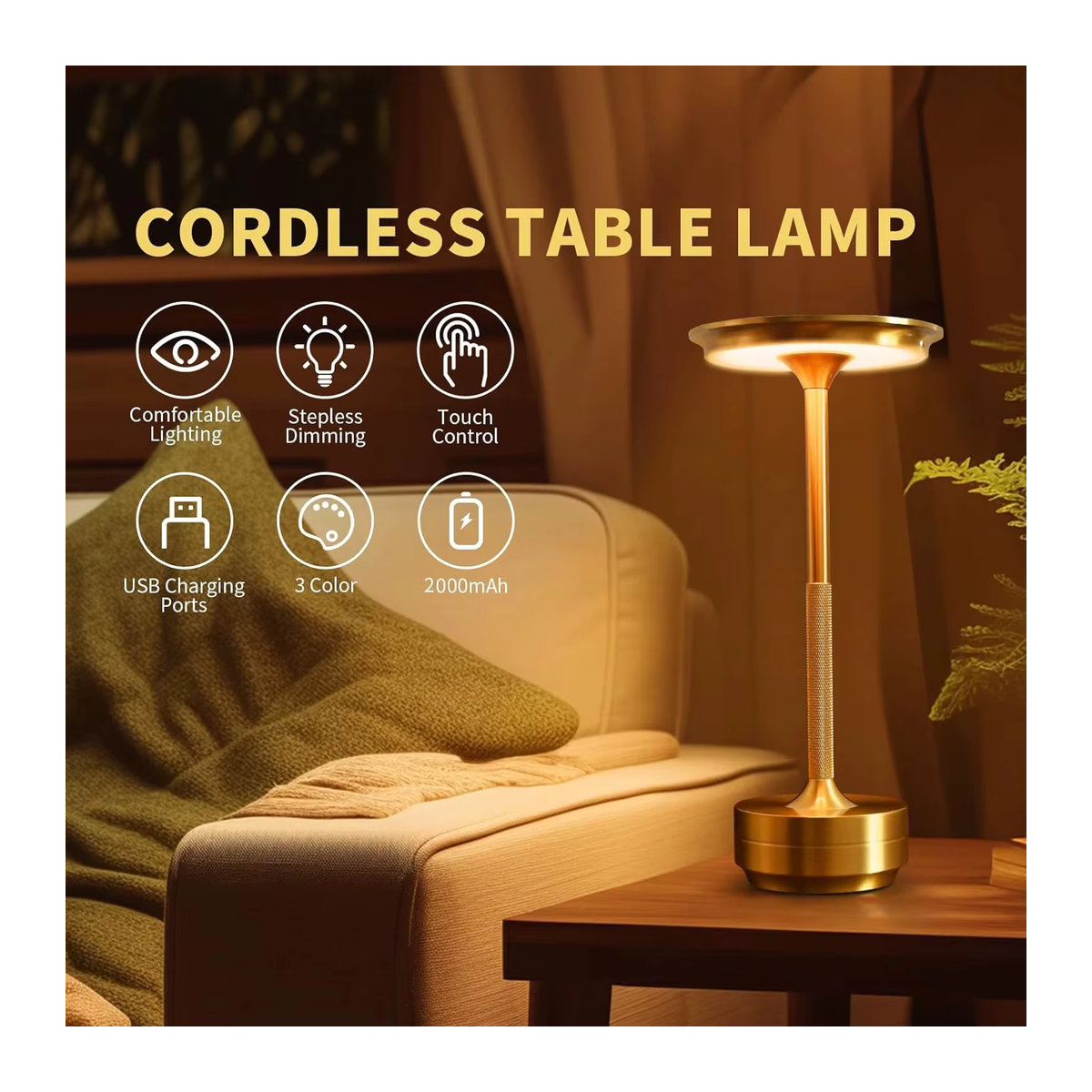 HPH LED Tischlampe aus Metall in Silber mit USB-Touch-Dimmer und Akku für minimalistische Dekoration - Bild 3