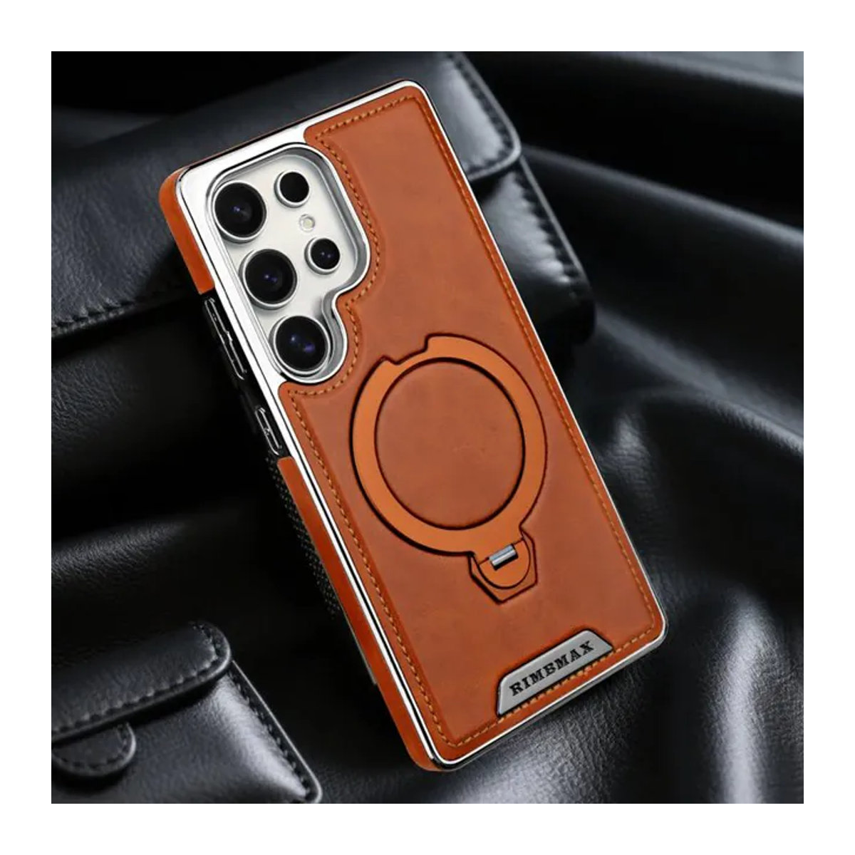 HQBBRO Leder-Handyhülle für Samsung Galaxy S25 Ultra S24 S23 S22 mit 360 Grad drehbarer magnetischer Halterung und Lade-Ständer in Grau und Orange - Bild 1