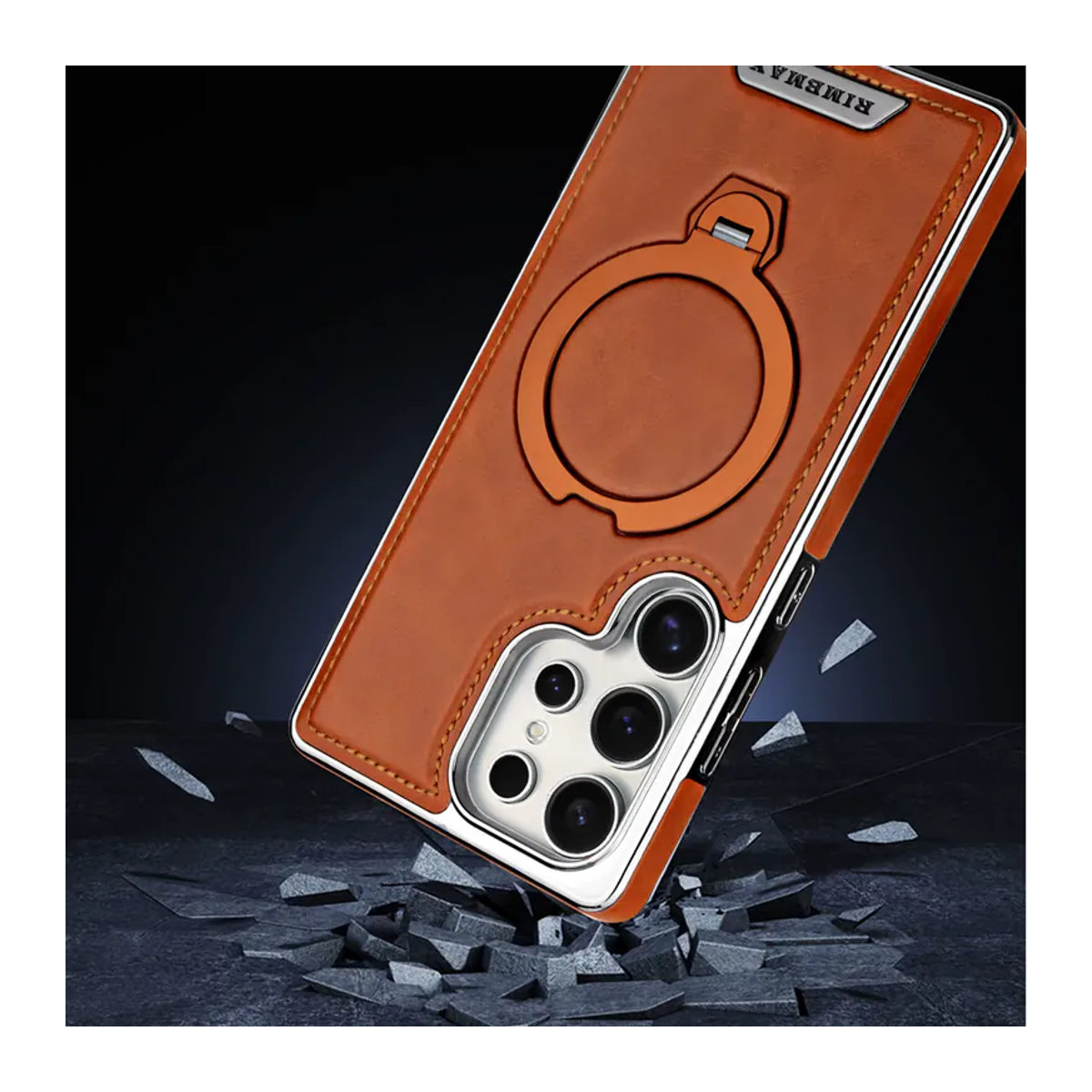 HQBBRO Leder-Handyhülle für Samsung Galaxy S25 Ultra S24 S23 S22 mit 360 Grad drehbarer magnetischer Halterung und Lade-Ständer in Grau und Orange - Bild 2