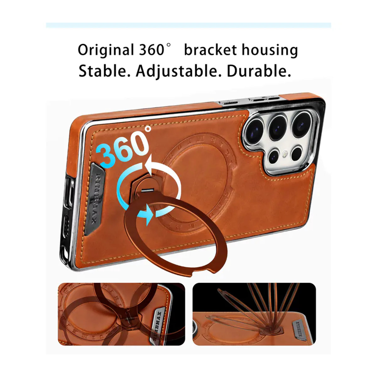 HQBBRO Leder-Handyhülle für Samsung Galaxy S25 Ultra S24 S23 S22 mit 360 Grad drehbarer magnetischer Halterung und Lade-Ständer in Grau und Orange - Bild 3