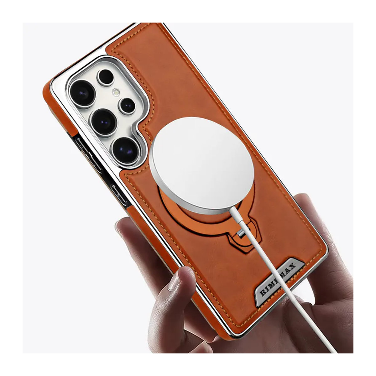 HQBBRO Leder-Handyhülle für Samsung Galaxy S25 Ultra S24 S23 S22 mit 360 Grad drehbarer magnetischer Halterung und Lade-Ständer in Grau und Orange - Bild 4