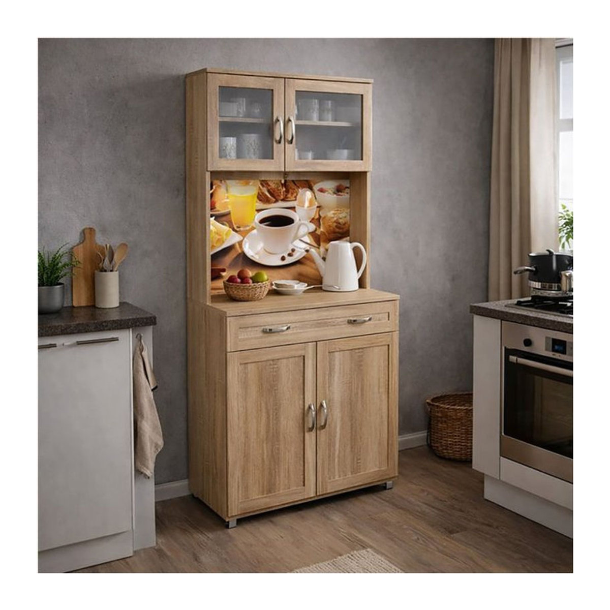 HTI-Living Küchenbuffet Bistro in Weiß mit Glasteil und Drehtüren im Landhausstil, B: 170 cm, H: 80 cm - Bild 1