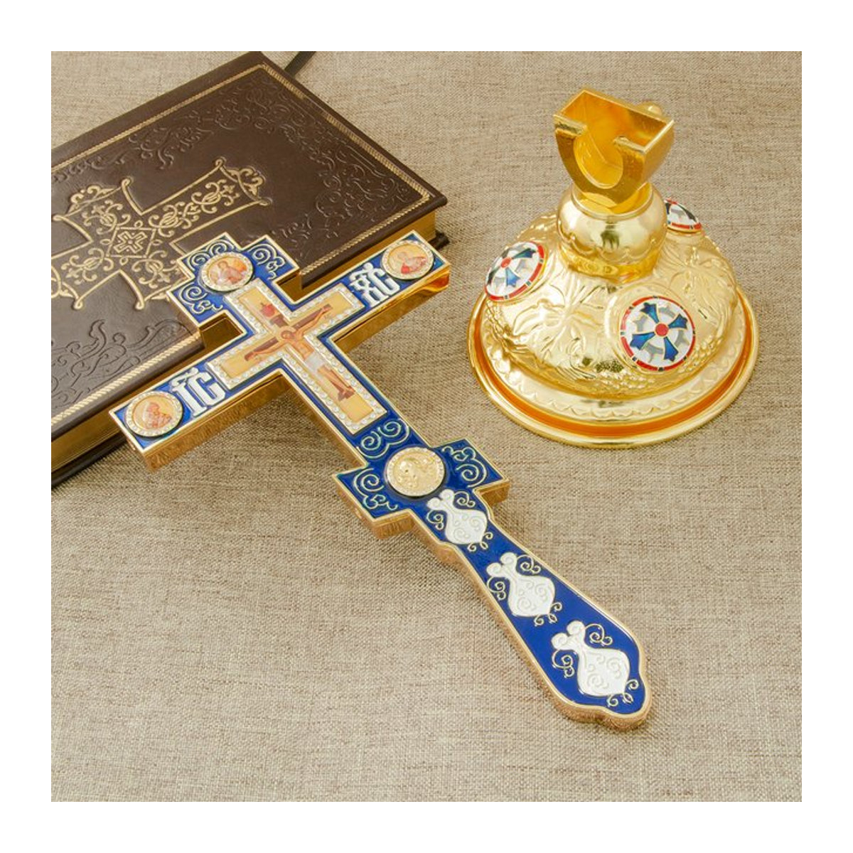 HTISOK Orthodoxes Kirchenkreuz aus Metall in Gold und Grün mit Ständer zum Aufhängen - Bild 1