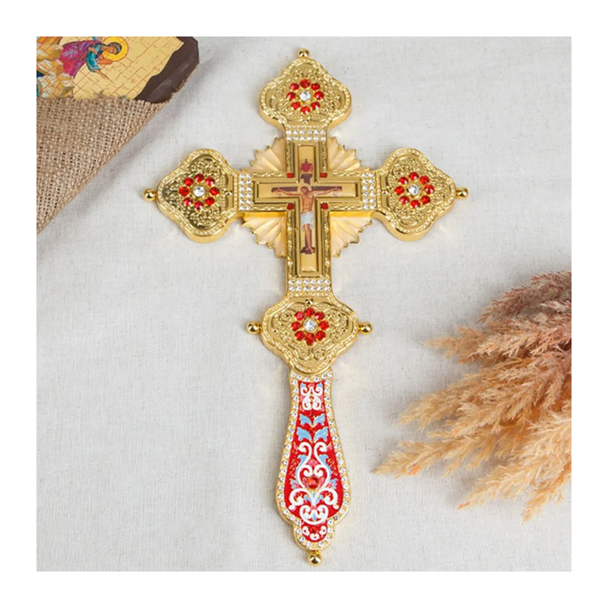 HTISOK Orthodoxes Kirchenkreuz mit Sockel aus Metall in Gold mit floralem Design - Bild 1