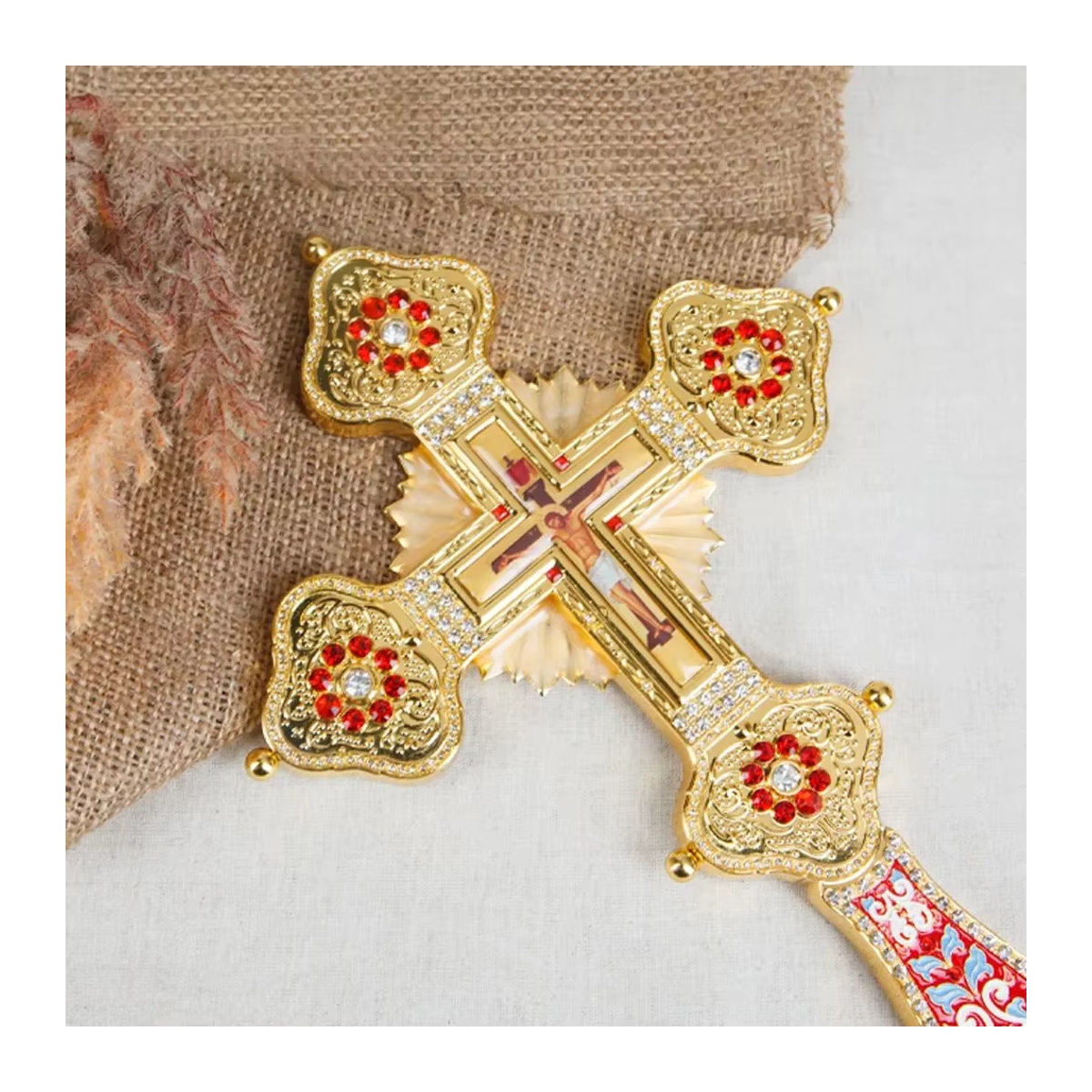 HTISOK Orthodoxes Kirchenkreuz mit Sockel aus Metall in Gold mit floralem Design - Bild 2