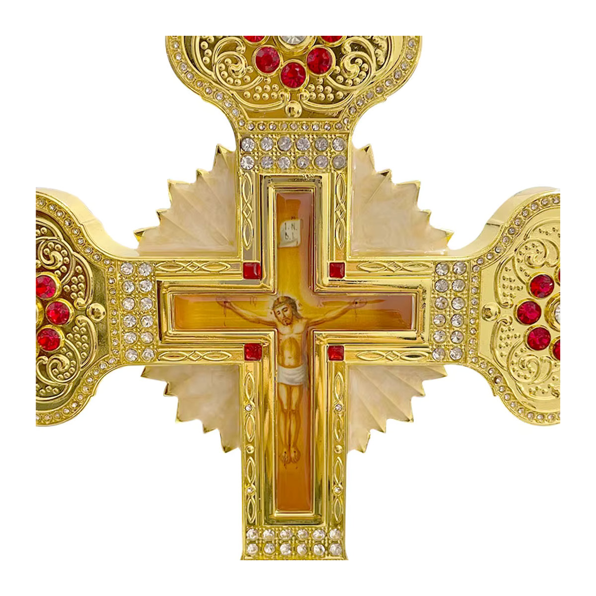 HTISOK Orthodoxes Kirchenkreuz mit Sockel aus Metall in Gold mit floralem Design - Bild 4