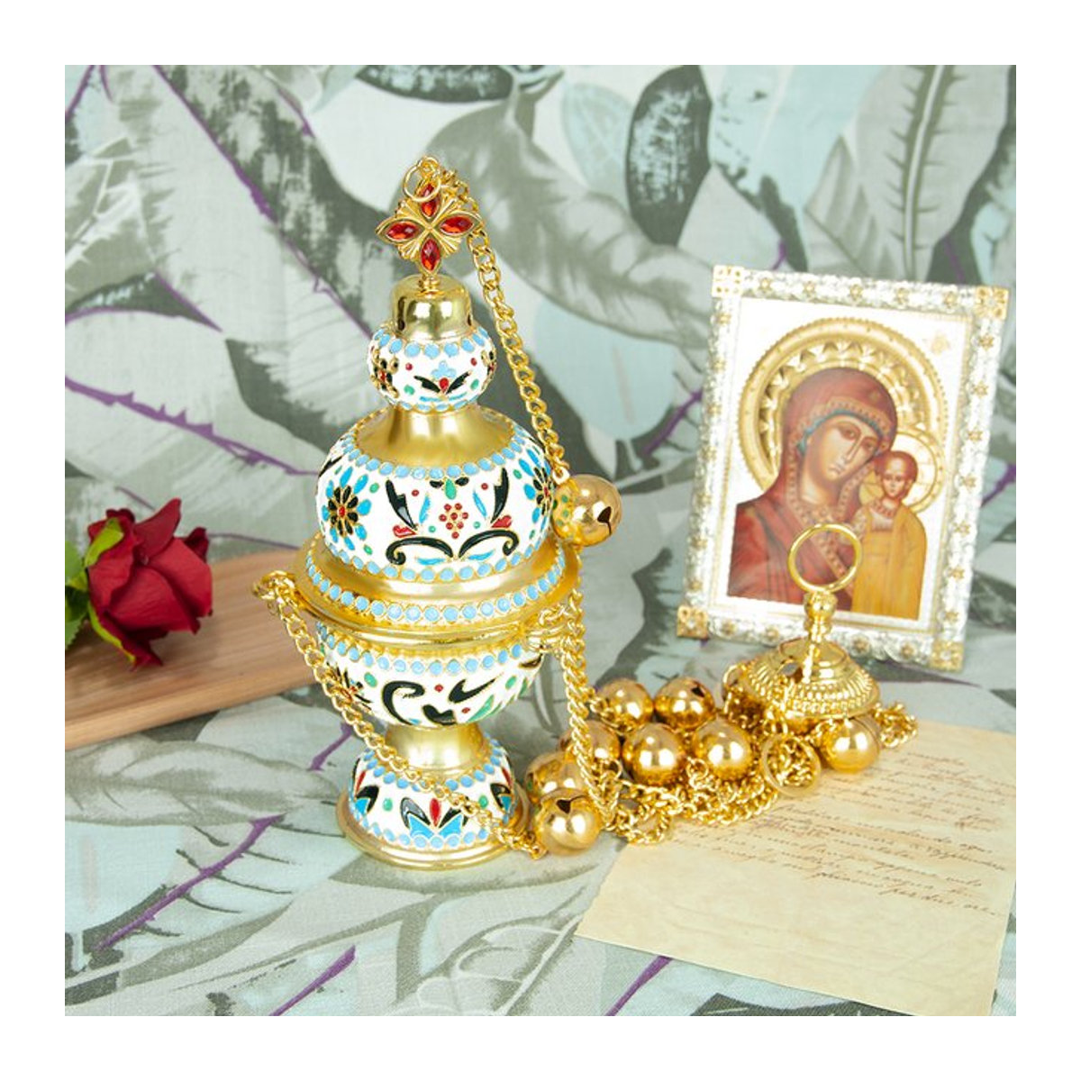 HTISOK Orthodoxes Kirchenräuchergefäß aus Metall in Gold mit bunter Emaille und floralem Design inklusive Glocke und Kette - Bild 1