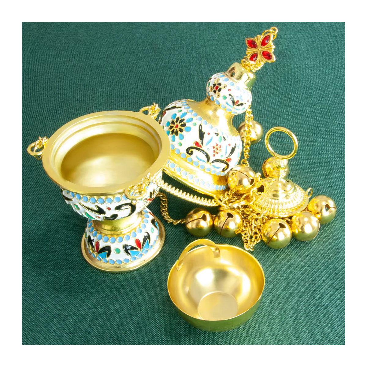 HTISOK Orthodoxes Kirchenräuchergefäß aus Metall in Gold mit bunter Emaille und floralem Design inklusive Glocke und Kette - Bild 3