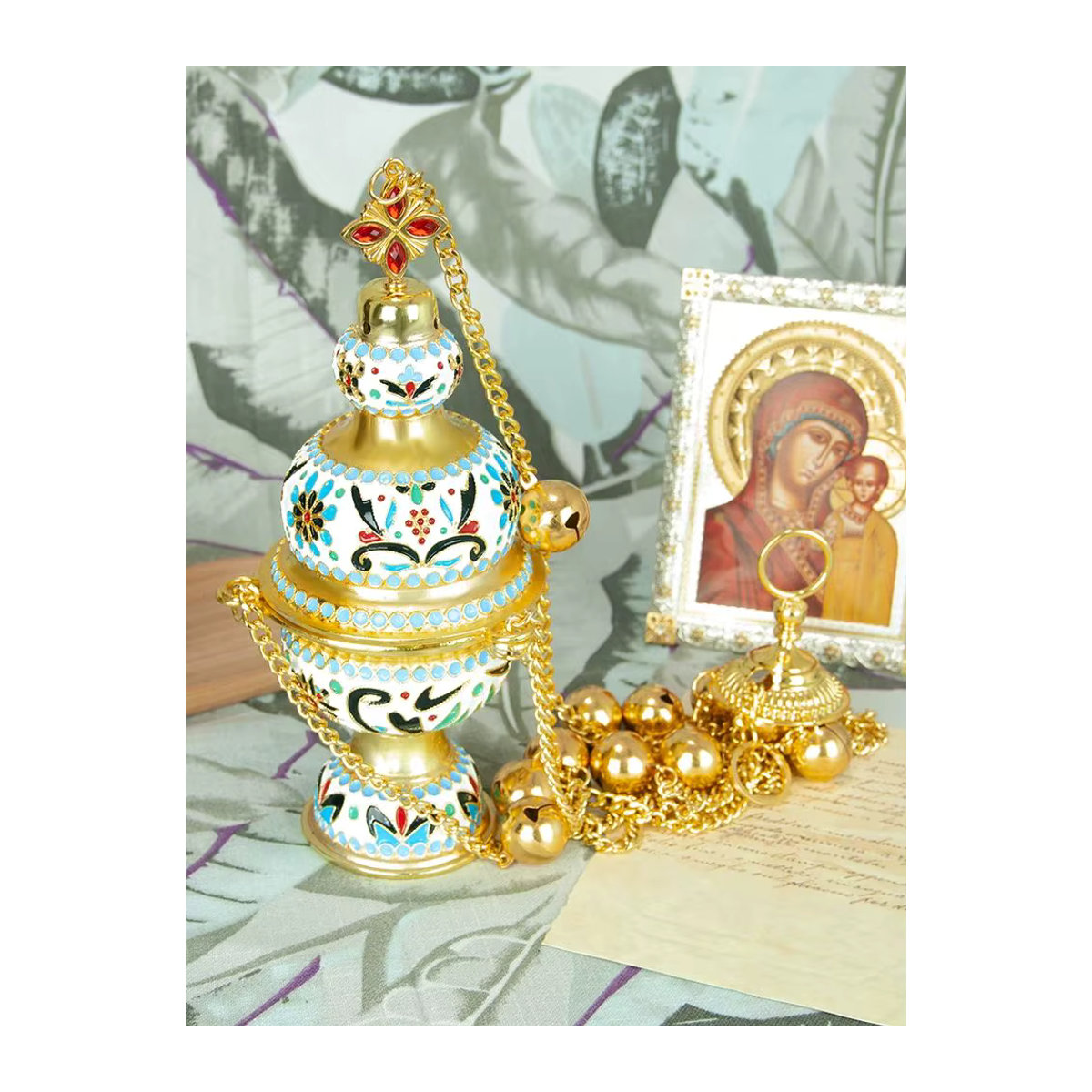 HTISOK Orthodoxes Kirchenräuchergefäß aus Metall in Gold mit bunter Emaille und floralem Design inklusive Glocke und Kette - Bild 4