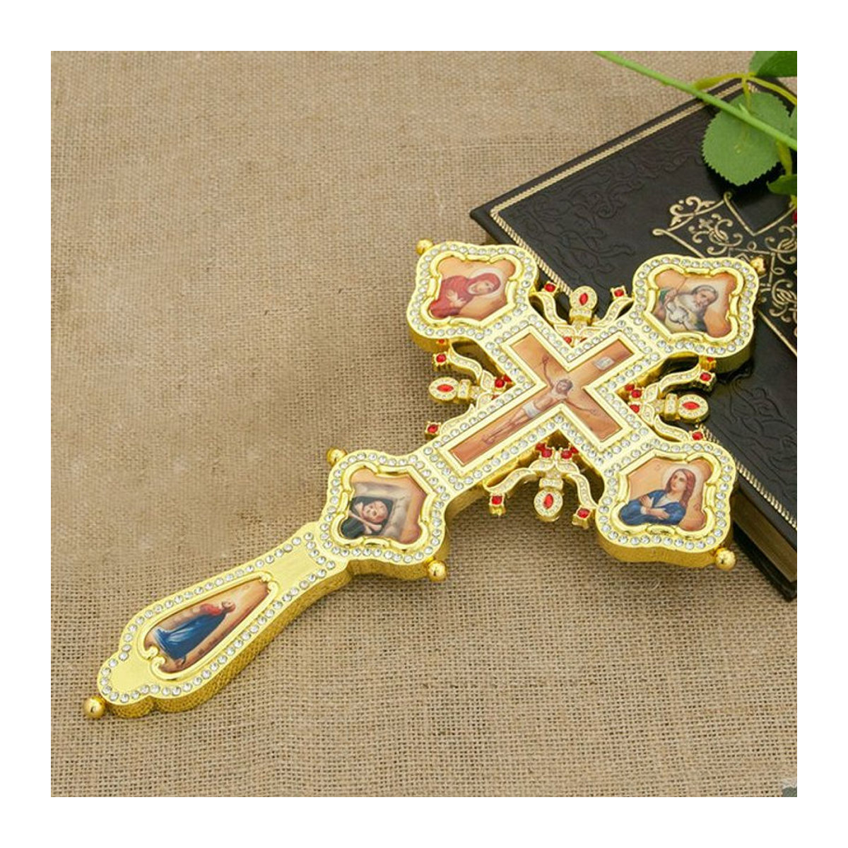 HTISOK Orthodoxes Kreuz aus Metall mit Kristallen in Gold oder Silber zur Dekoration - Bild 1