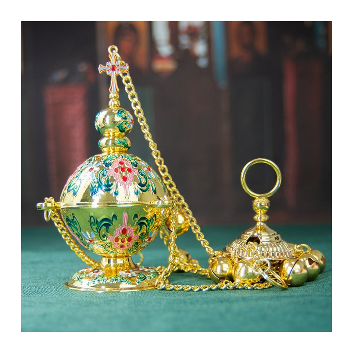 HTISOK Orthodoxes Räuchergefäß aus Metall in Gold mit floraler Emaille, hängender Holzkohlebrenner für Räucherstäbchen - Bild 1