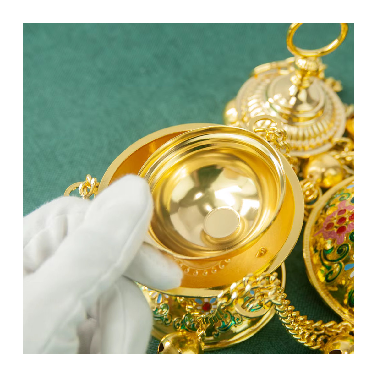 HTISOK Orthodoxes Räuchergefäß aus Metall in Gold mit floraler Emaille, hängender Holzkohlebrenner für Räucherstäbchen - Bild 3