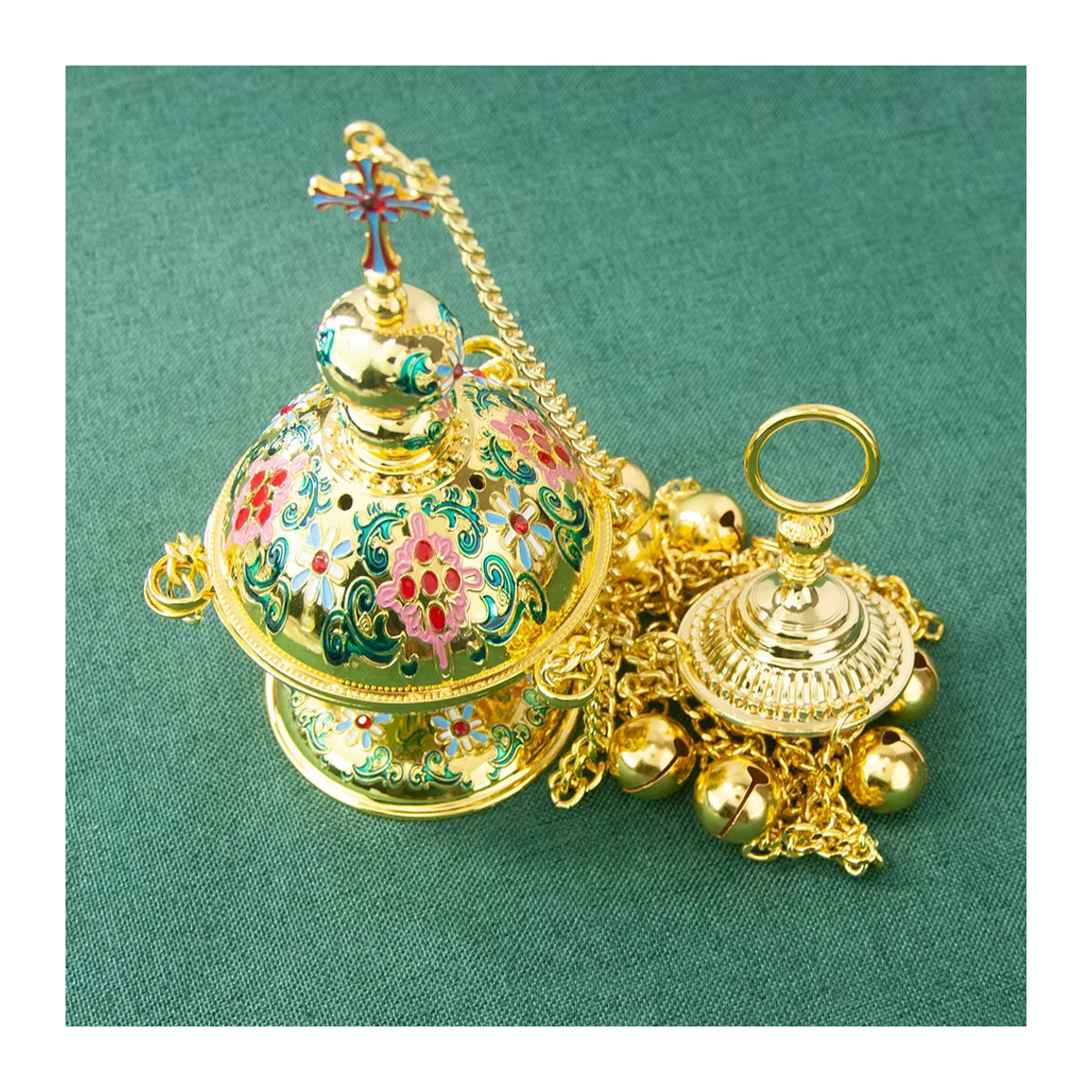 HTISOK Orthodoxes Räuchergefäß aus Metall in Gold mit floraler Emaille, hängender Holzkohlebrenner für Räucherstäbchen - Bild 5
