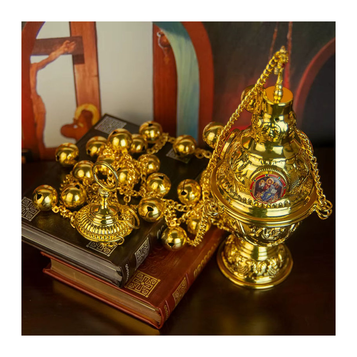 HTISOK Orthodoxes Räuchergefäß in Gold mit Kette für die Kirche und Ostern - Bild 2