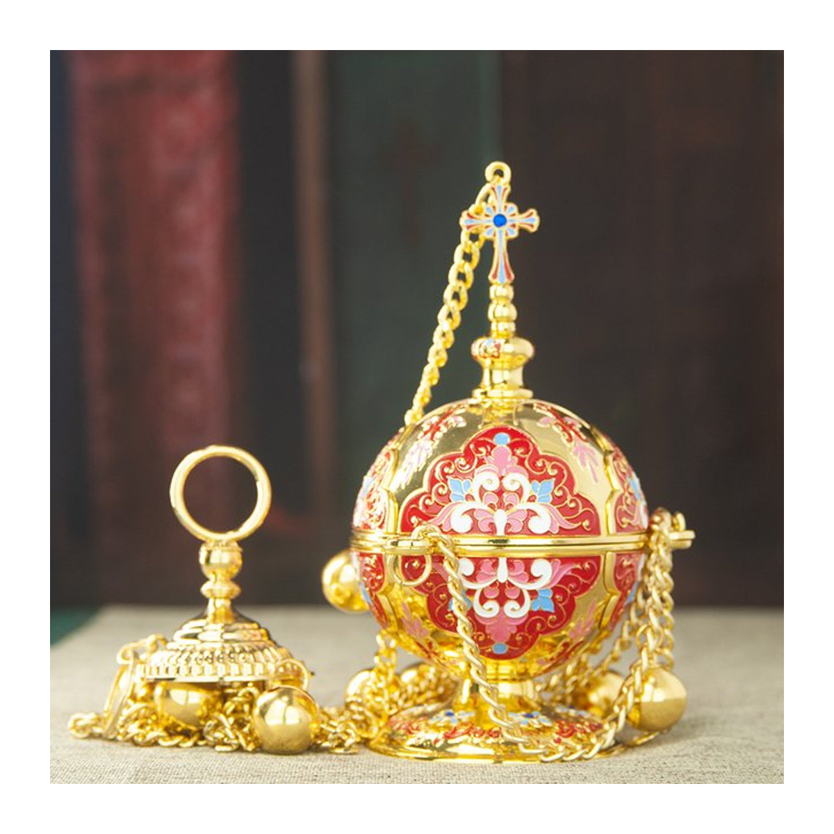 HTISOK Orthodoxes Räuchergefäß und Wandhaken-Set in Gold mit floralem Design aus Metall - Bild 1