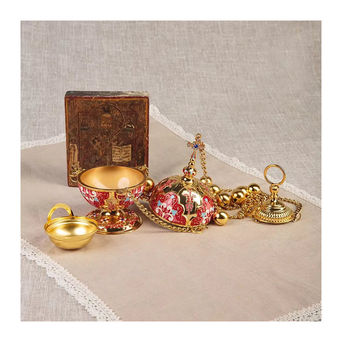 HTISOK Orthodoxes Räuchergefäß und Wandhaken-Set in Gold mit floralem Design aus Metall - Bild 2