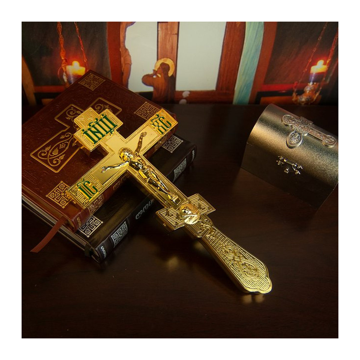 HTISOK Östliches orthodoxes Kreuz aus Metall in Gold als Kirchendekoration und Gebetszubehör - Bild 1