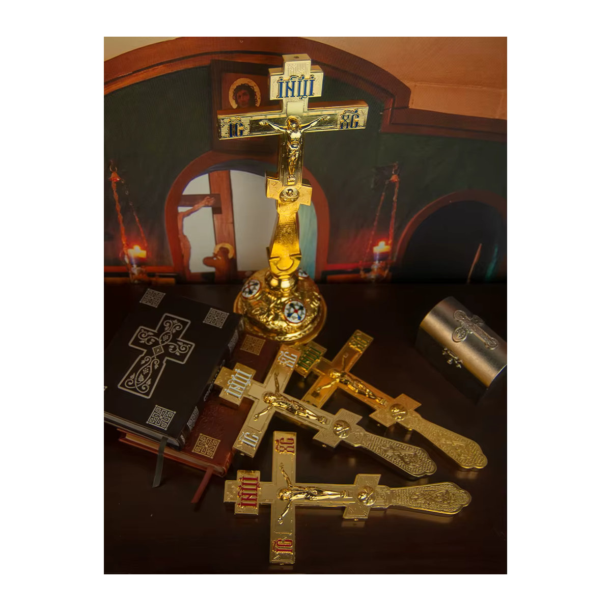 HTISOK Östliches orthodoxes Kreuz aus Metall in Gold als Kirchendekoration und Gebetszubehör - Bild 5