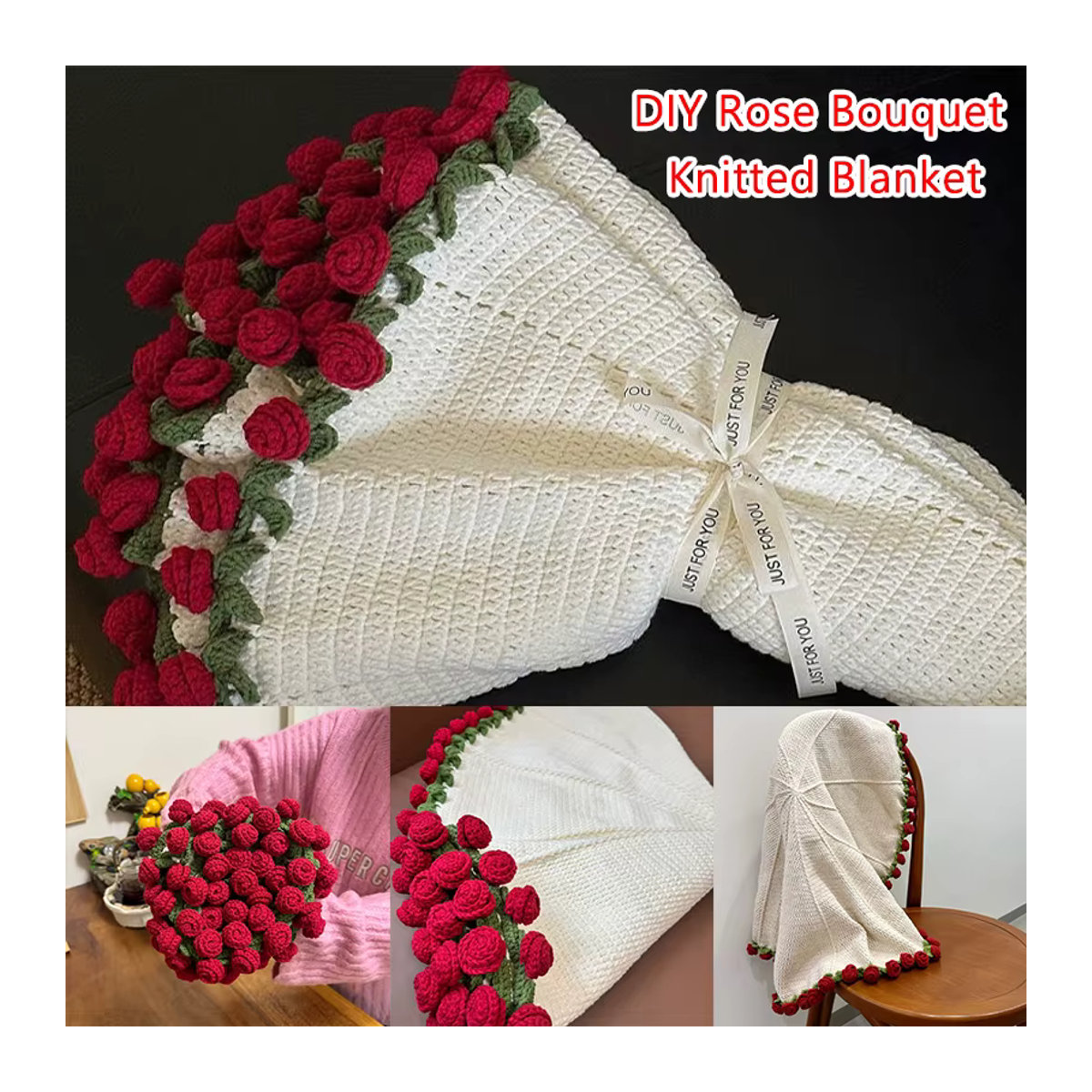 HUA HUA Handgefertigte Häkeldecke aus Wolle in Weiß als DIY-Blumenstrauß-Design für dein Sofa - Bild 1