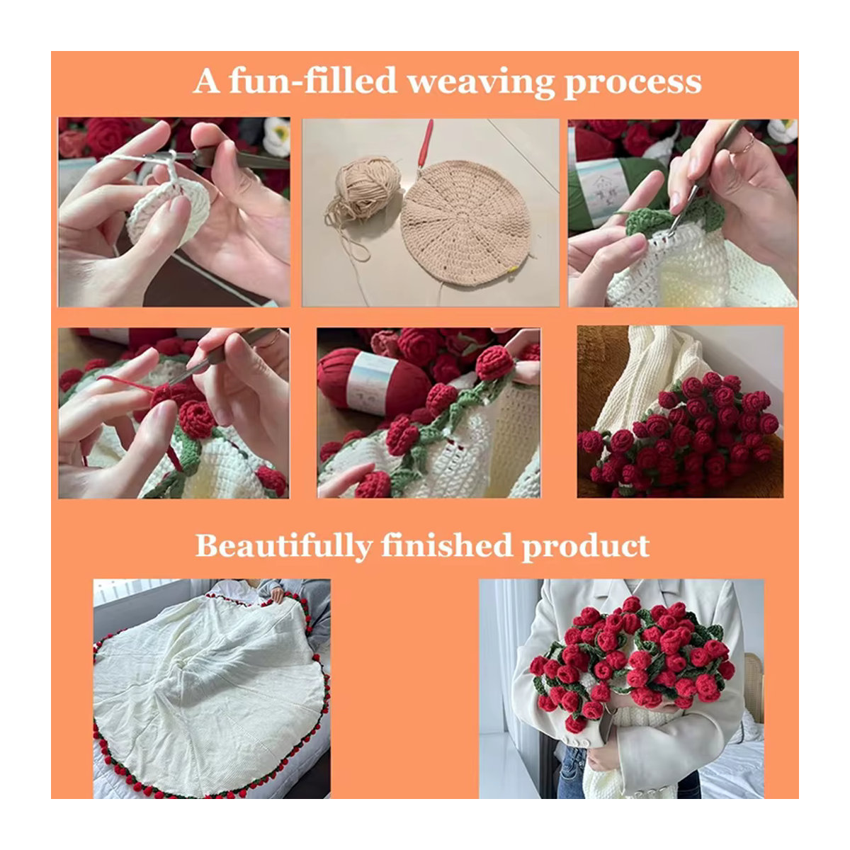 HUA HUA Handgefertigte Häkeldecke aus Wolle in Weiß als DIY-Blumenstrauß-Design für dein Sofa - Bild 3
