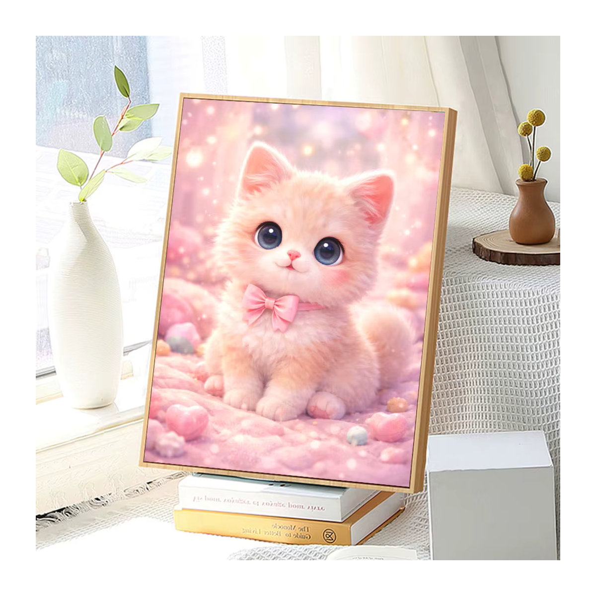 Huacan 5D Diamant-Malerei Katze DIY Diamant-Stickerei Wanddekoration in Rosa, Rund, Durchmesser: 30 cm - Bild 3