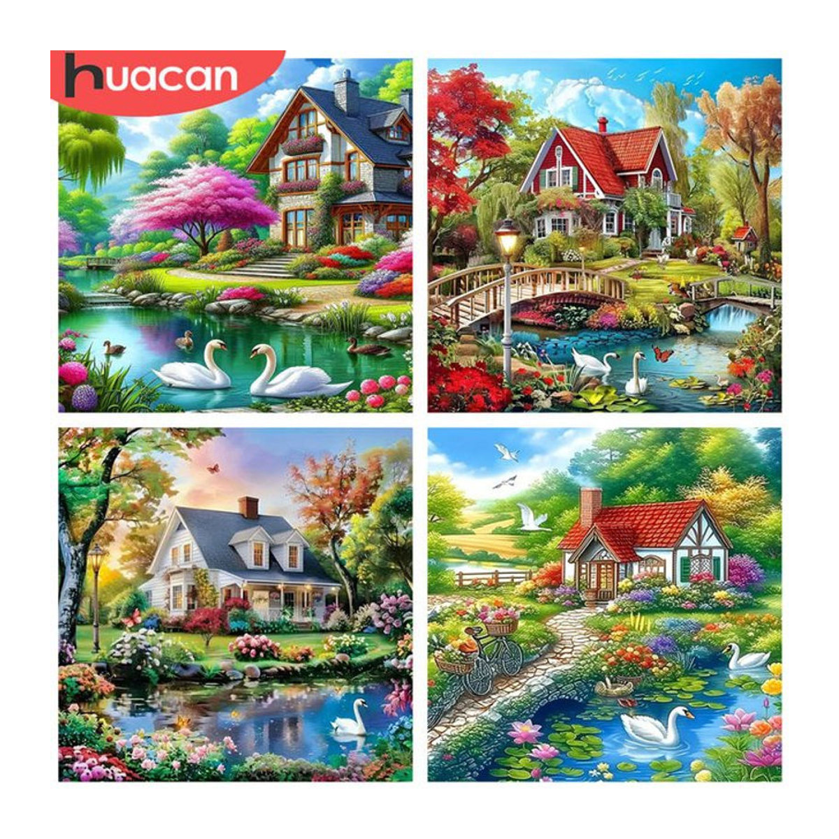 HUACAN 5D Diamant-Malerei Set Cottage-Landschaft mit Tieren in Mehrfarbig als Mosaik-Strass-Dekoration auf Leinwand - Bild 1