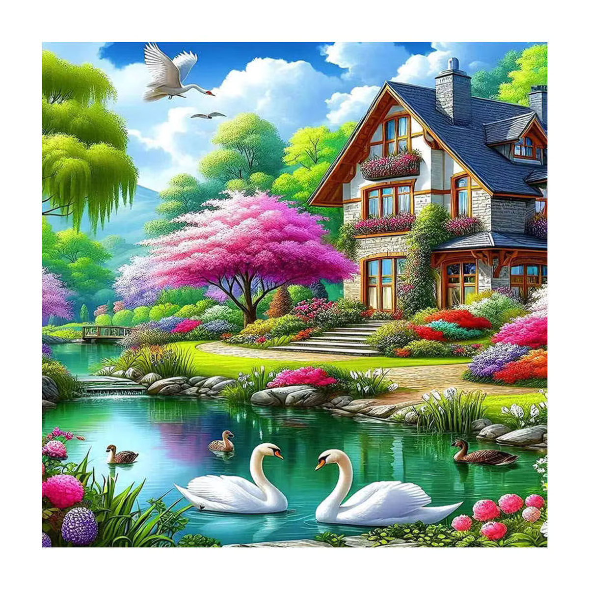 HUACAN 5D Diamant-Malerei Set Cottage-Landschaft mit Tieren in Mehrfarbig als Mosaik-Strass-Dekoration auf Leinwand - Bild 5